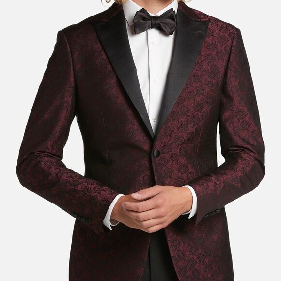 Egara Men's Coat Slim Fit Satin Peak Lapel‎ Dinner Party Jacket Burgundy Size38 - Picture 1 of 3